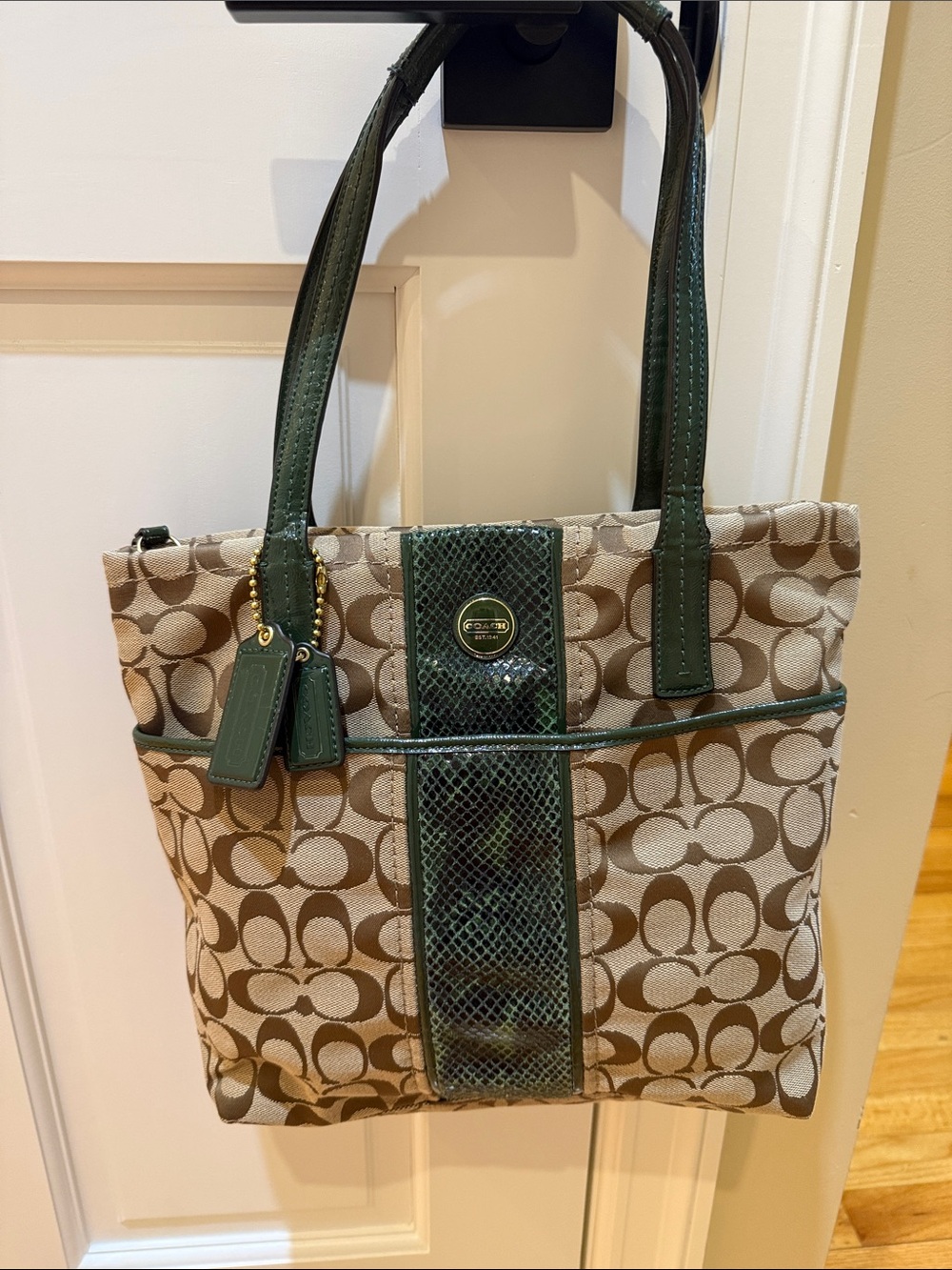 Coach Beige Signature Canvas Tote with Green Trim